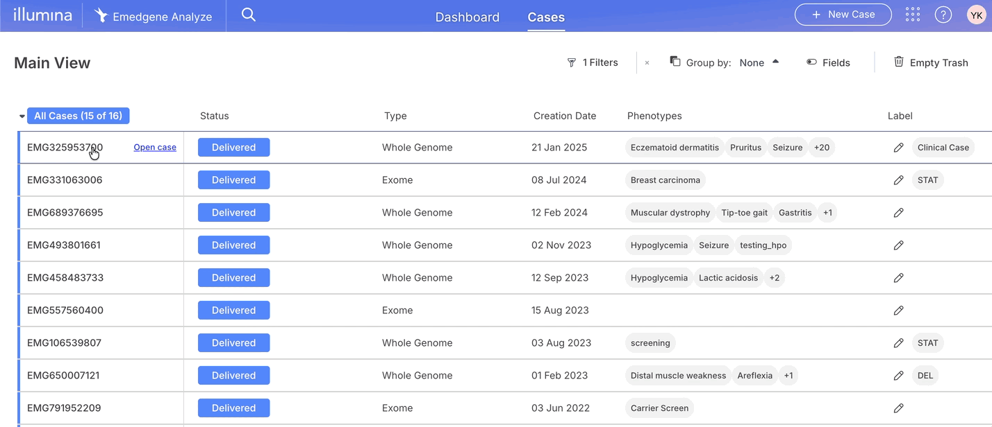 Case details panel opened from the Cases table