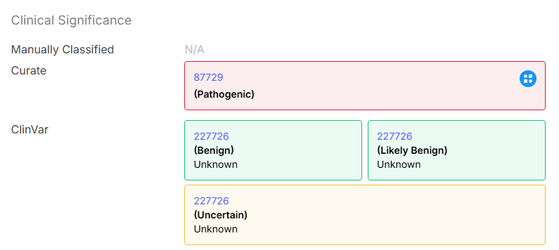 Fig. 3. Curate symbol indicating curated pathogenicity in the Clinical Significance tab of the Variant page.