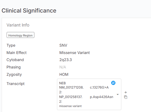Fig. 8. Curate symbol indicating selected transcript in the Clinical Significance tab of the Variant page.