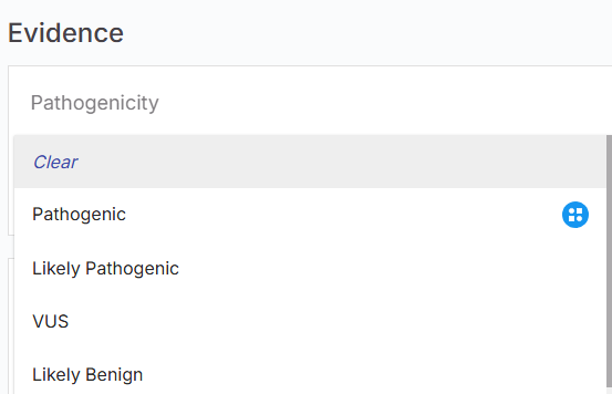 Fig. 4. Curate symbol indicating curated pathogenicity in the Evidence tab of the Variant page.